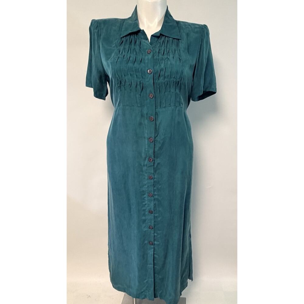 Vintage‎ Dress 1990s Maxi 16 Modest Button Up Teacher Tie Back Cottage Teal 80s